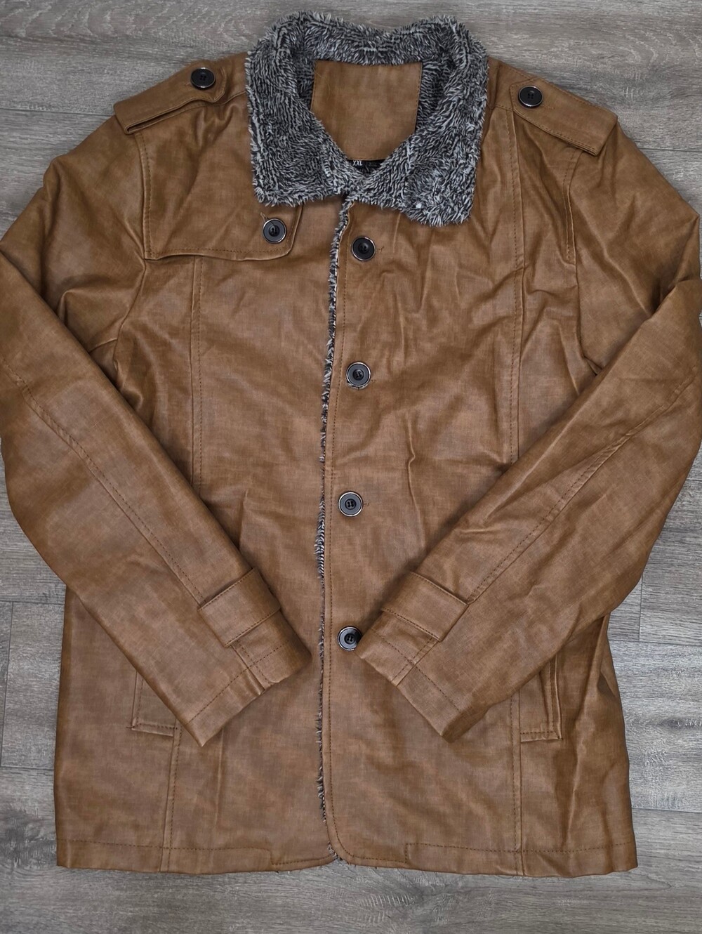 Men's Brown Faux-Leather Jacket with Faux-Fur Collar